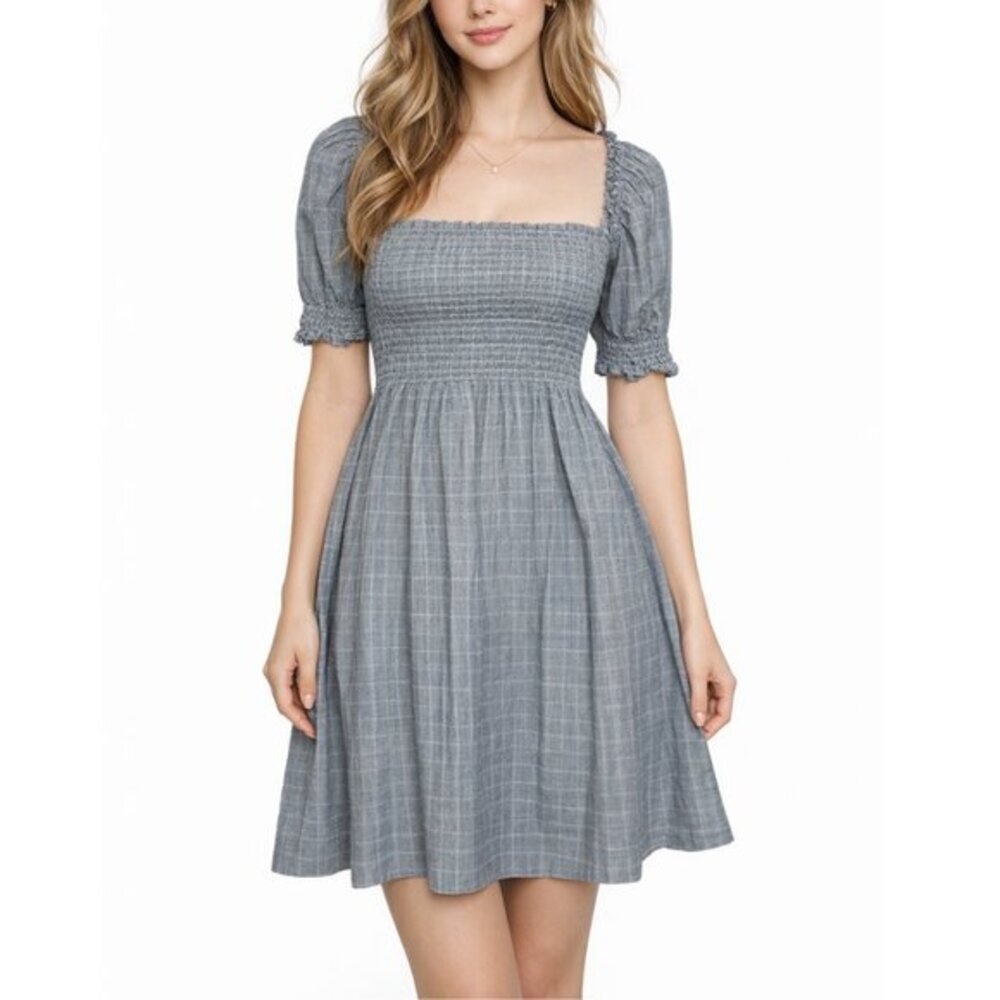 Hill House Athena Nap Dress Size Small Thai Check Plaid Smocked Mini Puff Sleeve